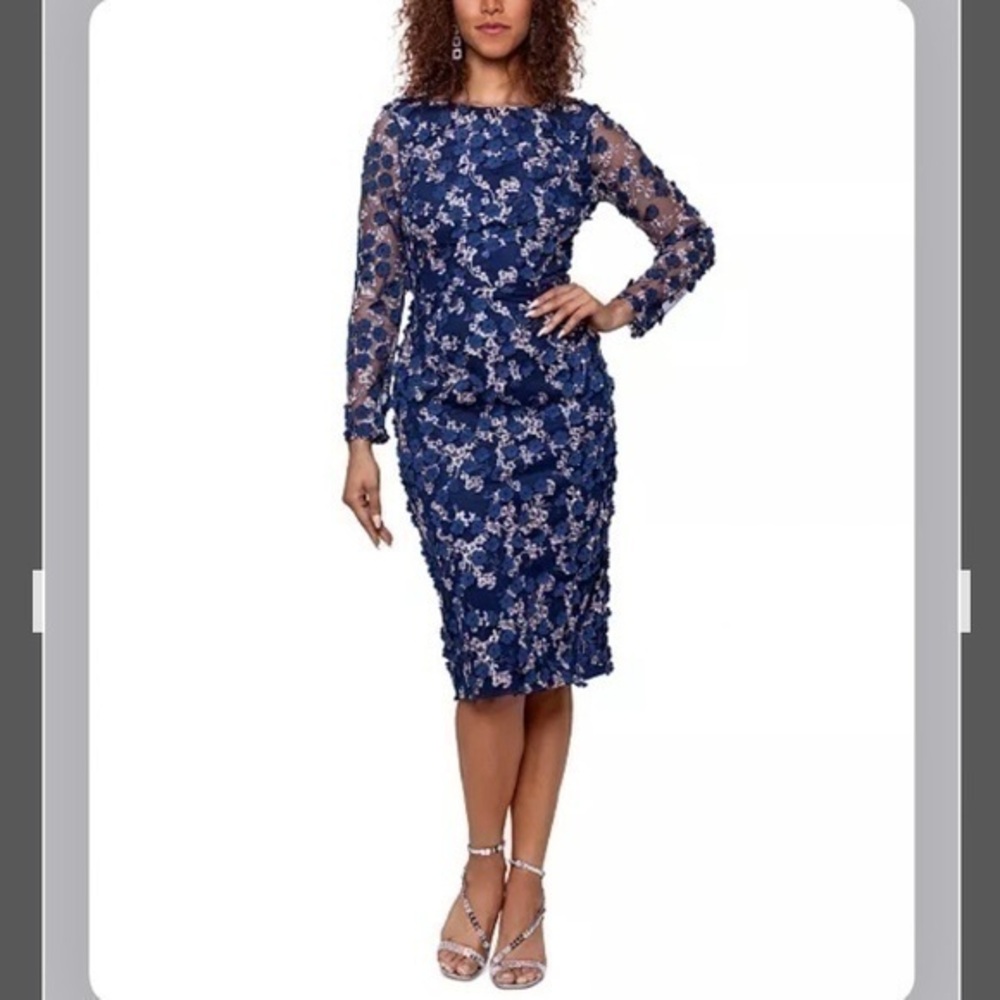 XSCAPE 3D-Floral Lace Midi Dress in Navy/Blush